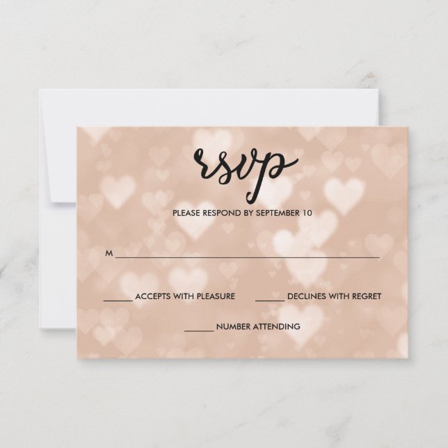 Black with Faux Rose Gold Bokeh Hearts RSVP Card (Front)