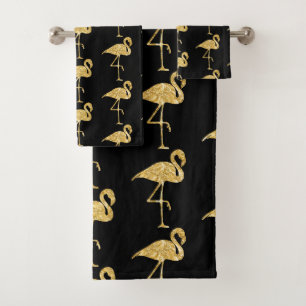 BLACK WITH GOLD FLAMINGOS BATH TOWEL SET