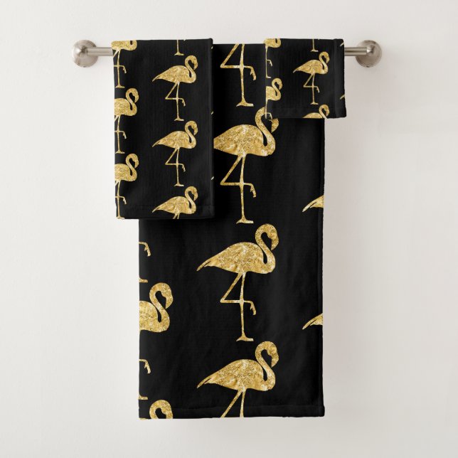 BLACK WITH GOLD FLAMINGOS BATH TOWEL SET (Insitu)