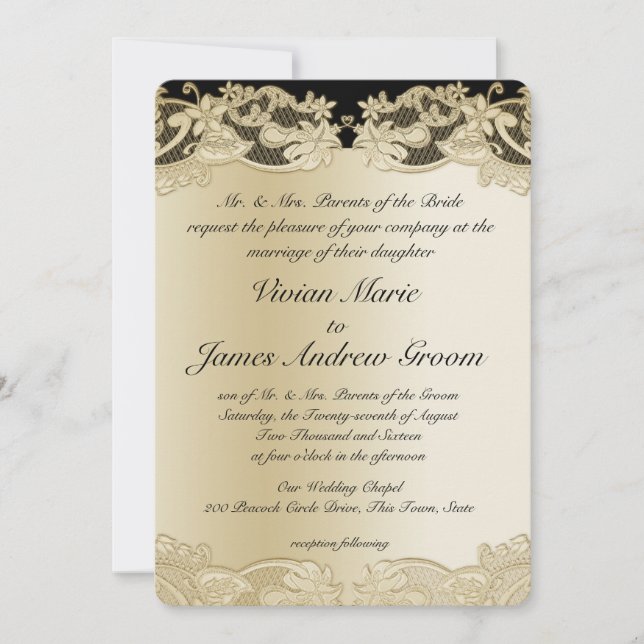 Black with Gold Floral Design Wedding Invitation (Front)