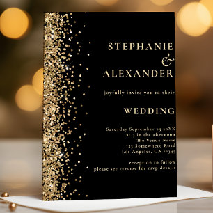 Black with Gold Glitter QR Code Wedding Invitation