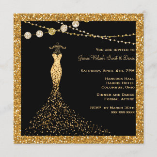 Black with Gold Glitter Sweet 16 Invitation