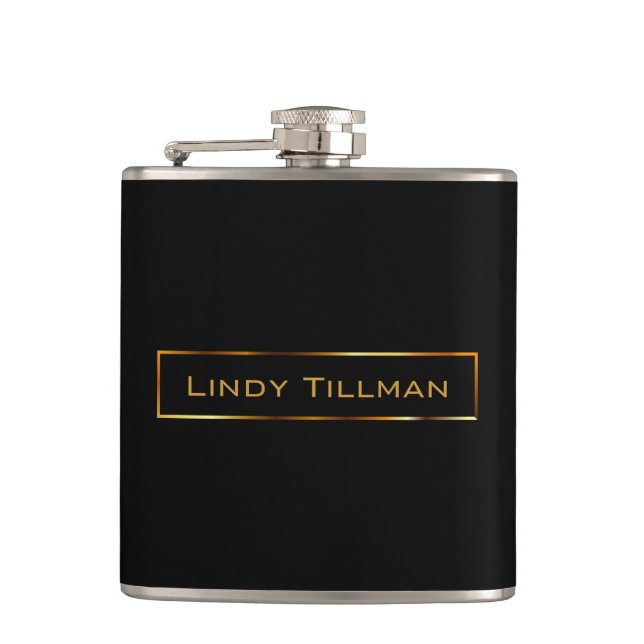 Black with Gold Label Hip Flask (Front)