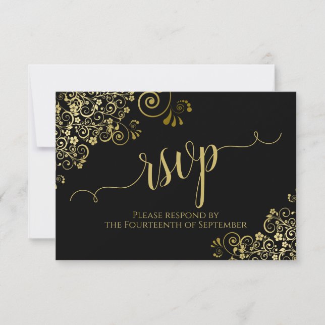 Black with Gold Lace Elegant Calligraphy Wedding RSVP Card (Front)