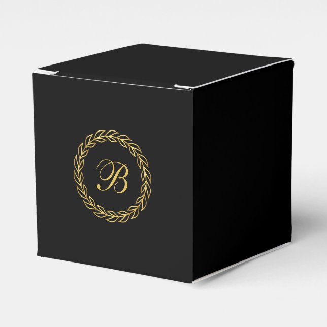 Black with Gold Laurel Wreath and Monogram Favour Box (Front Side)