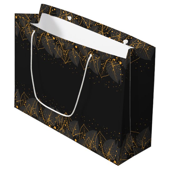 Black with Gold Leaf Border Large Gift Bag (Front Angled)