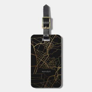 Black with Gold Look Map Add Name Luggage Tag