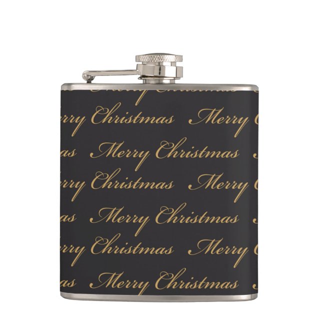 BLACK WITH GOLD MERRY CHRISTMAS IN SCRIPT HIP FLASK (Front)