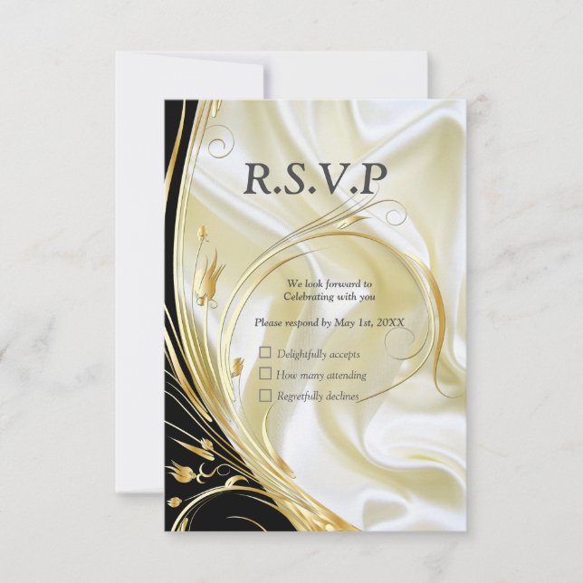 Black with Gold on Champagne Silk RSVP Card (Front)