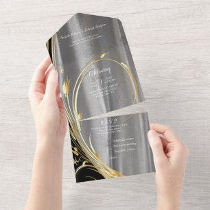 Black with Gold on silver texture All In one Invitation