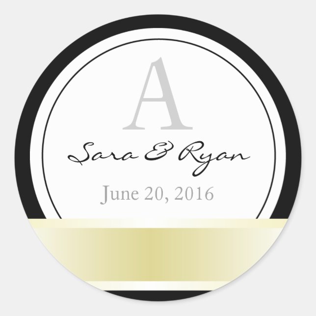 Black with gold ribbon & monogram wedding sticker (Front)