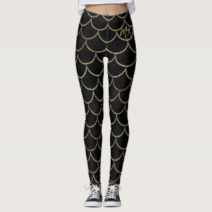 Black with Gold Scales Monogram Mermaid  Leggings
