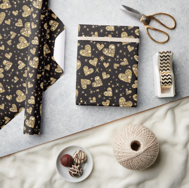 Black With Gold Sparkle Hearts Wrapping Paper (Crafts)