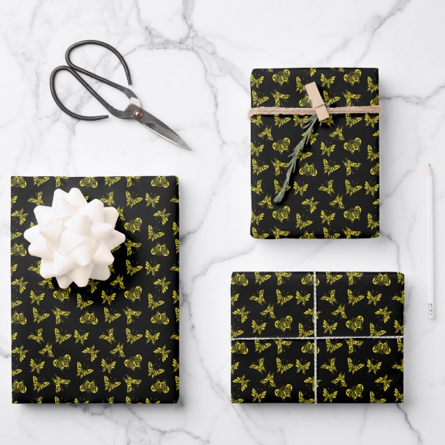 black with golden butterflies  wrapping paper sheet (Front)