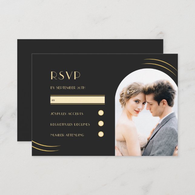 Black with Golden Wisps Photo Wedding RSVP Card (Front/Back)