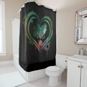Black with Green & Red Watercolor Dripping Heart Shower Curtain