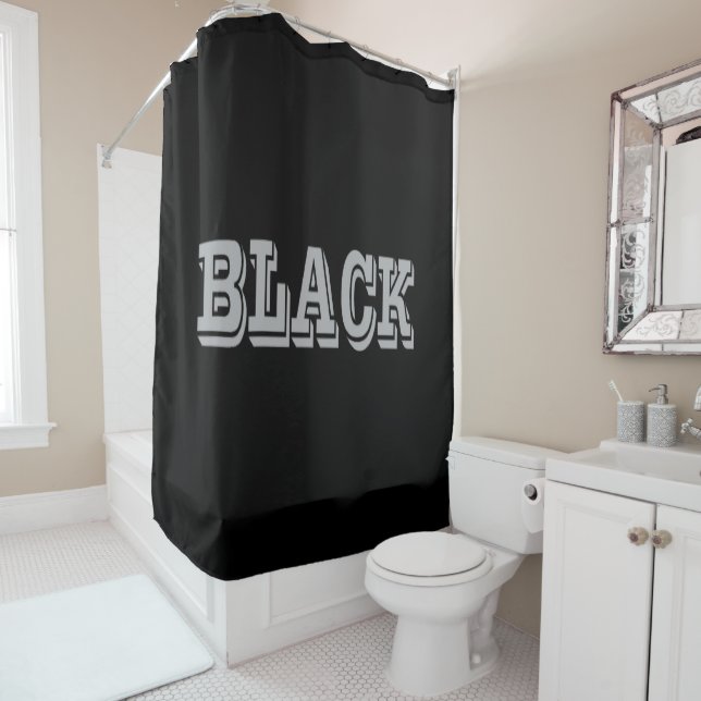 Black With Grey Text On Black Solid Colour Shower Curtain (In Situ)