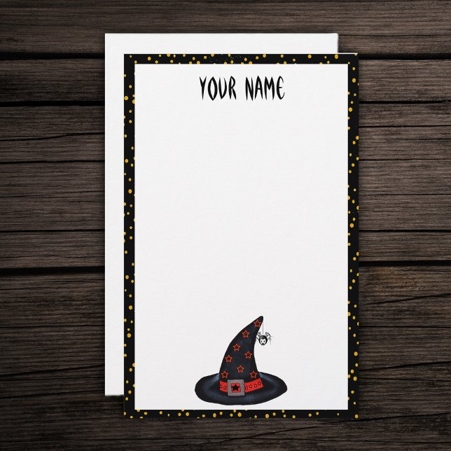 Black With Hat Stars Spider Orange Dots Stationary Stationery (Black witch hat spider orange stars on white with black and orange dotted border paper stationery.)