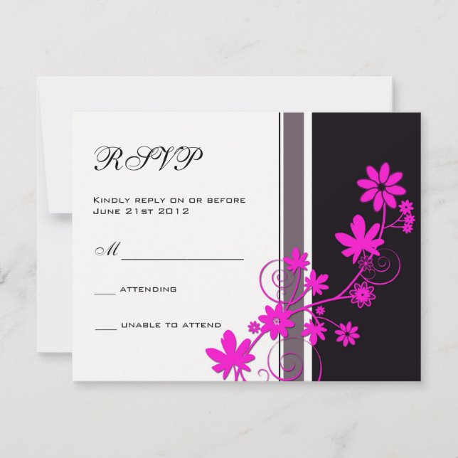 Black with Hot Pink Flower Wedding RSVP (Front)