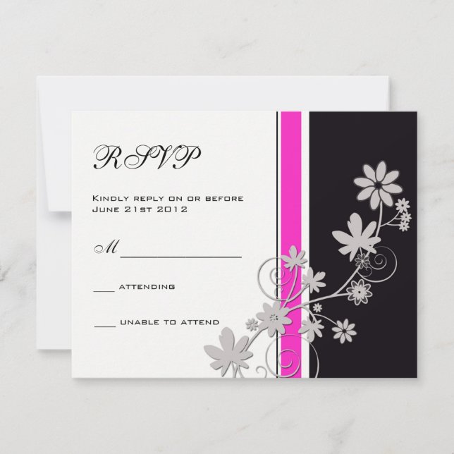 Black with Hot Pink Flower Wedding RSVP (Front)