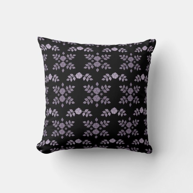 Black with Lavender Roses Floral Throw Pillow (Front)