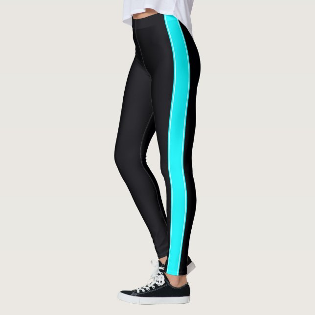 Black with Neon Baby Blue Stripes Leggings (Left)