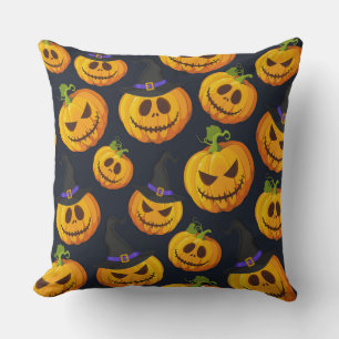 BLACK WITH ORANGE HALLOWEEN PUMPKINS WITH HATS CUSHION