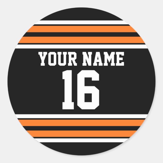 Black with Orange White Stripes Team Jersey Classic Round Sticker (Front)