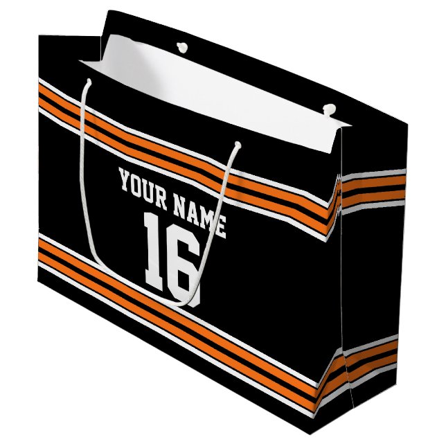 Black with Orange White Stripes Team Jersey Large Gift Bag (Front Angled)