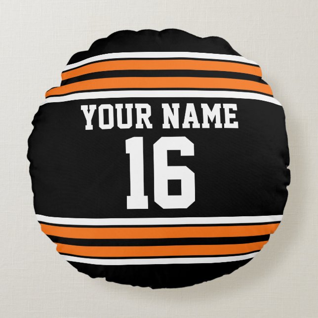 Black with Orange White Stripes Team Jersey Round Cushion (Front)