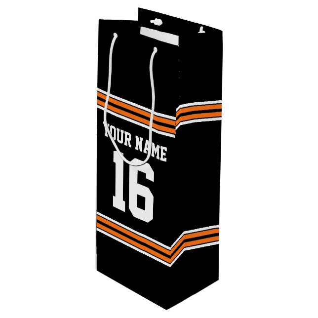 Black with Orange White Stripes Team Jersey Wine Gift Bag (Front Angled)