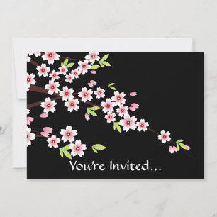 Black with Pink and Green Cherry Blossom Sakura Invitation