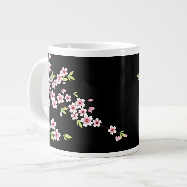 Black with Pink and Green Cherry Blossom Sakura Large Coffee Mug (Front Left)