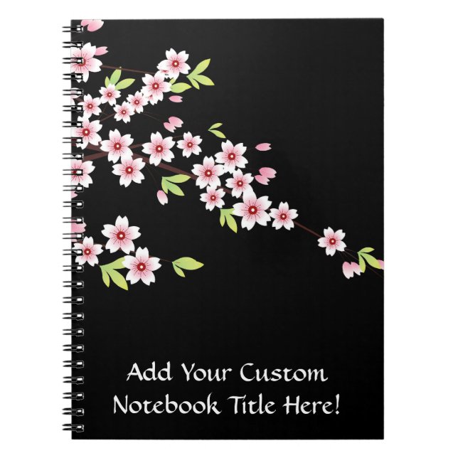 Black with Pink and Green Cherry Blossom Sakura Notebook (Front)