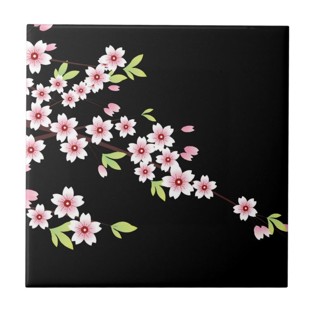 Black with Pink and Green Cherry Blossom Sakura Tile (Front)