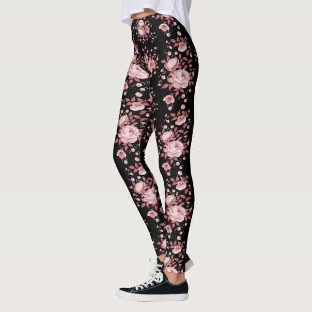 Black with Pink Floral Pattern Leggings (Left)