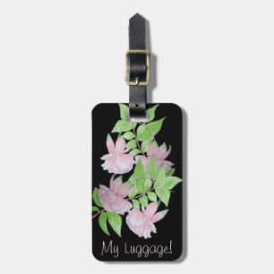 black with pink flowers all over floral print luggage tag