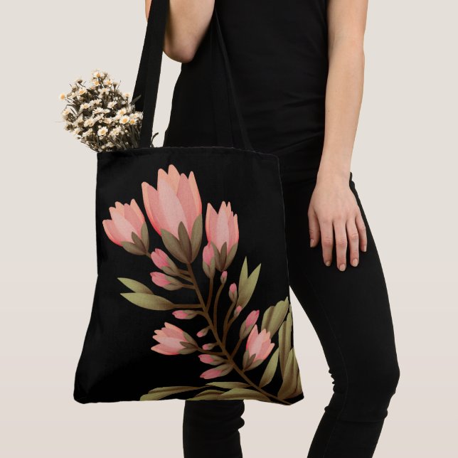 Black with pink flowers tote bag (Close Up)
