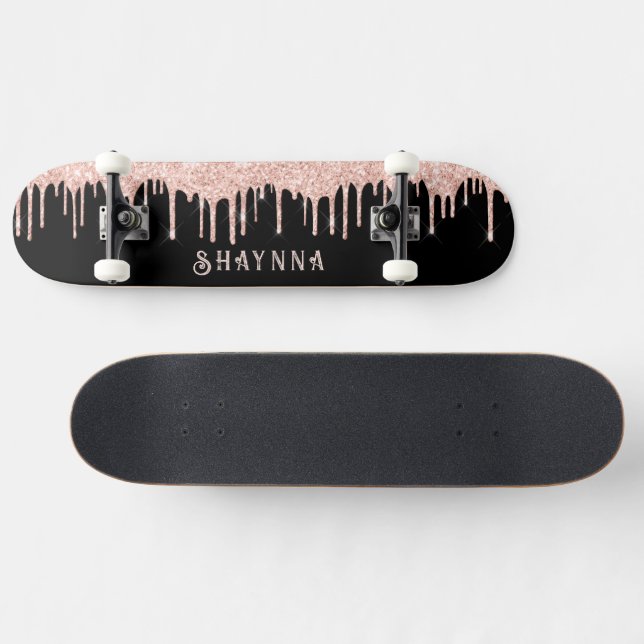 Black with Pink Glitter Drips Personalised Skateboard (Horz)