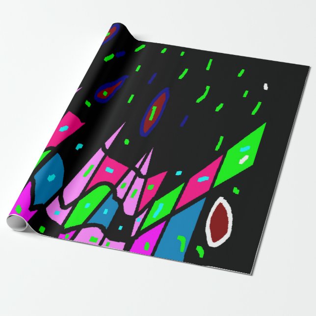 Black with pink green blue patterns funky gift wrapping paper (Unrolled)