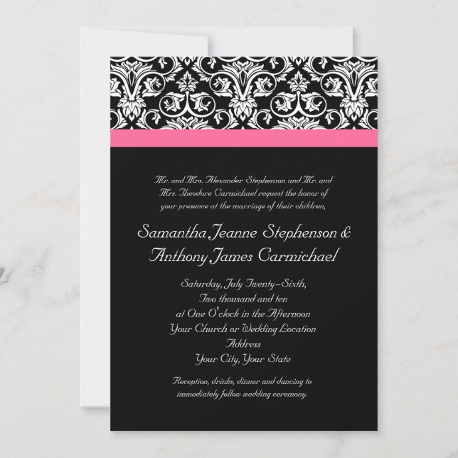 Black with Pink Passion Damask Invitation (Front)