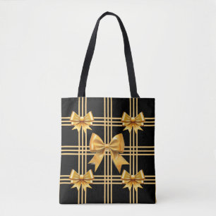 Black With Plaid Gold Coquette Bows Tote Bag