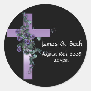 Black with Purple Cross with Purple Flowers Classic Round Sticker