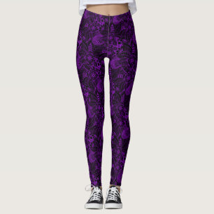 Black with Purple Floral Lace Pattern Leggings