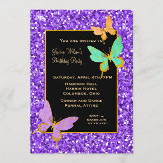 Black with Purple Glitter and Butterflies Birthday Invitation