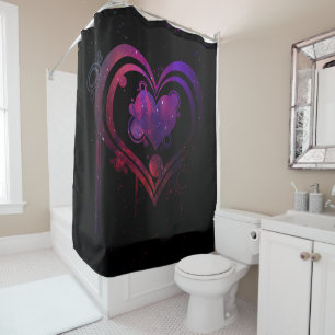 Black with Red & Blue Watercolor Dripping Heart Shower Curtain