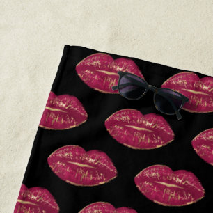 Black with Red Lips Beach Towel