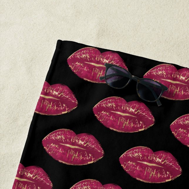 Black with Red Lips Beach Towel (In Situ)