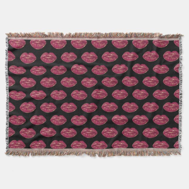 Black with Red Lips Throw Blanket (Front)