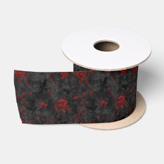 Black with Red Roses and Black Ravens – Gothic Satin Ribbon